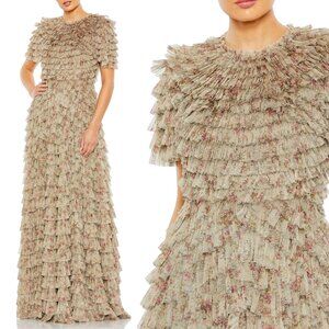 $798 Mac Duggal 8017 Size 6 Beige Ruffles Tiered High Neck Long Maxi Dress Gown
